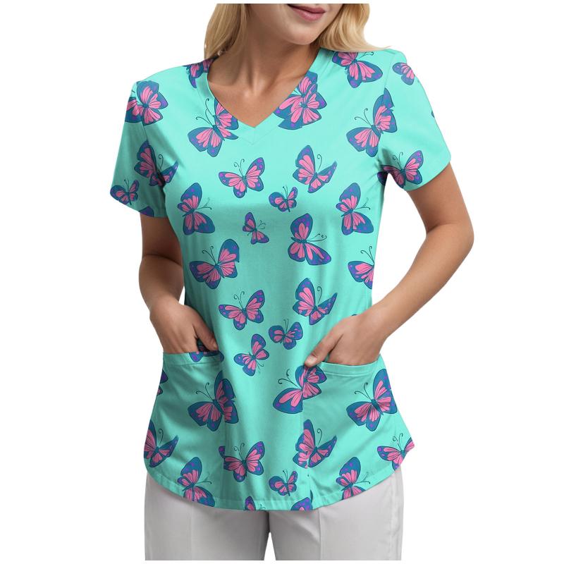 Women's V-Neck Short Sleeve Blouse Purple Pink butterfly Print Loose Casual Summer Tunic Top V Neck Short Sleeved Printed Tops
