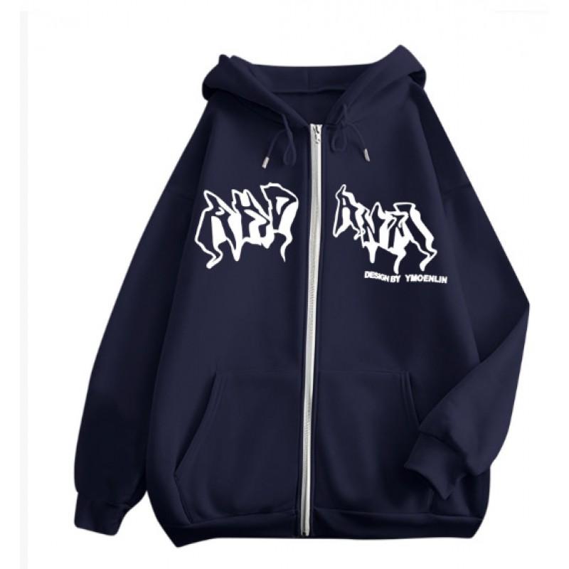 226 Gothic Print Zip Up Hoodie Unisex Women Casual Fall Winter Loose Fit