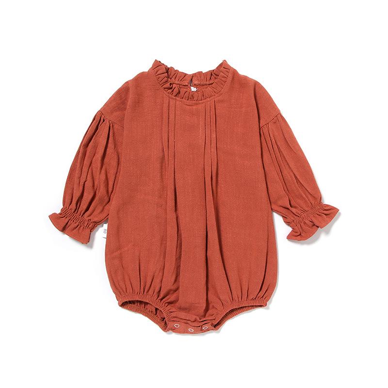 European & American Long-Sleeve Linen Jumpsuit for Baby Girls - Solid Color Climbing Romper