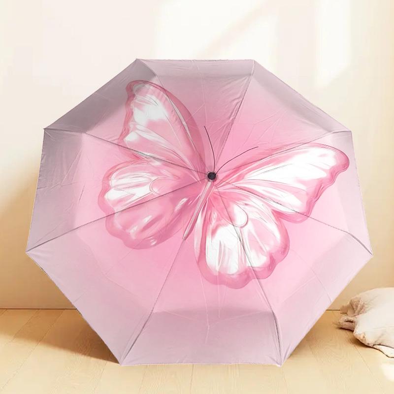 1pc Butterfly Pink Automatic Folding Umbrella 8 Rib Iron Frame,  Suitable for Travel, Daily Use, Birthday, Women & Men Gift c1231041