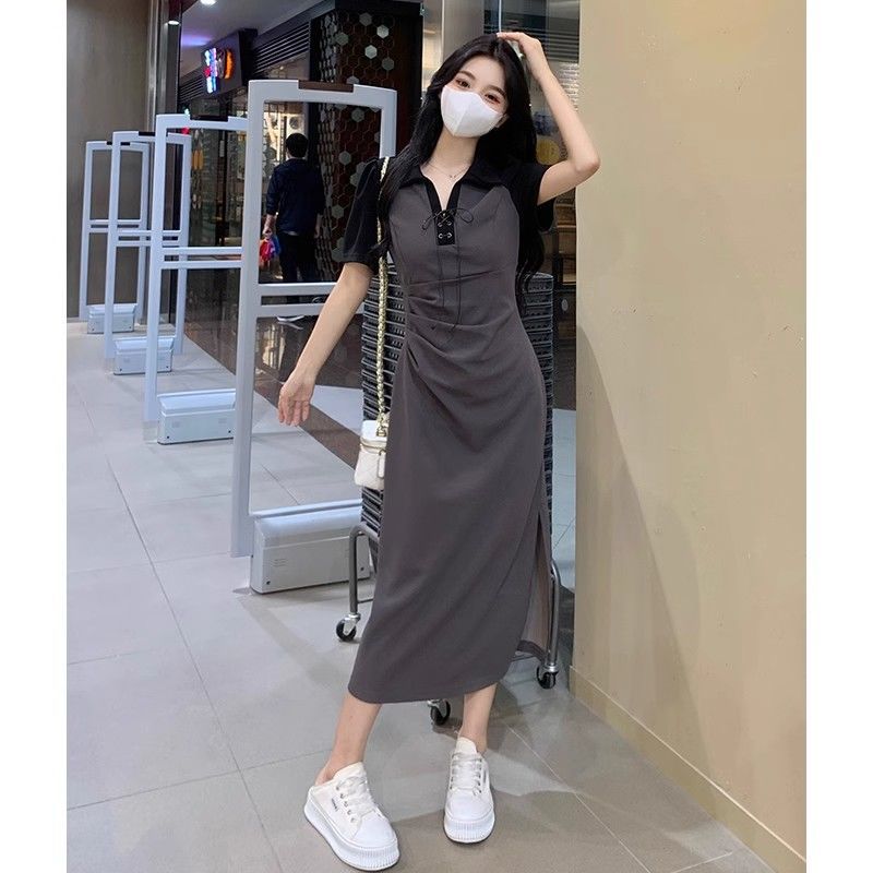 

GMXIA Короткое рукава POLO платье женское летнее больших размеров плиссированная талия утягивающая юбка XXXXXL