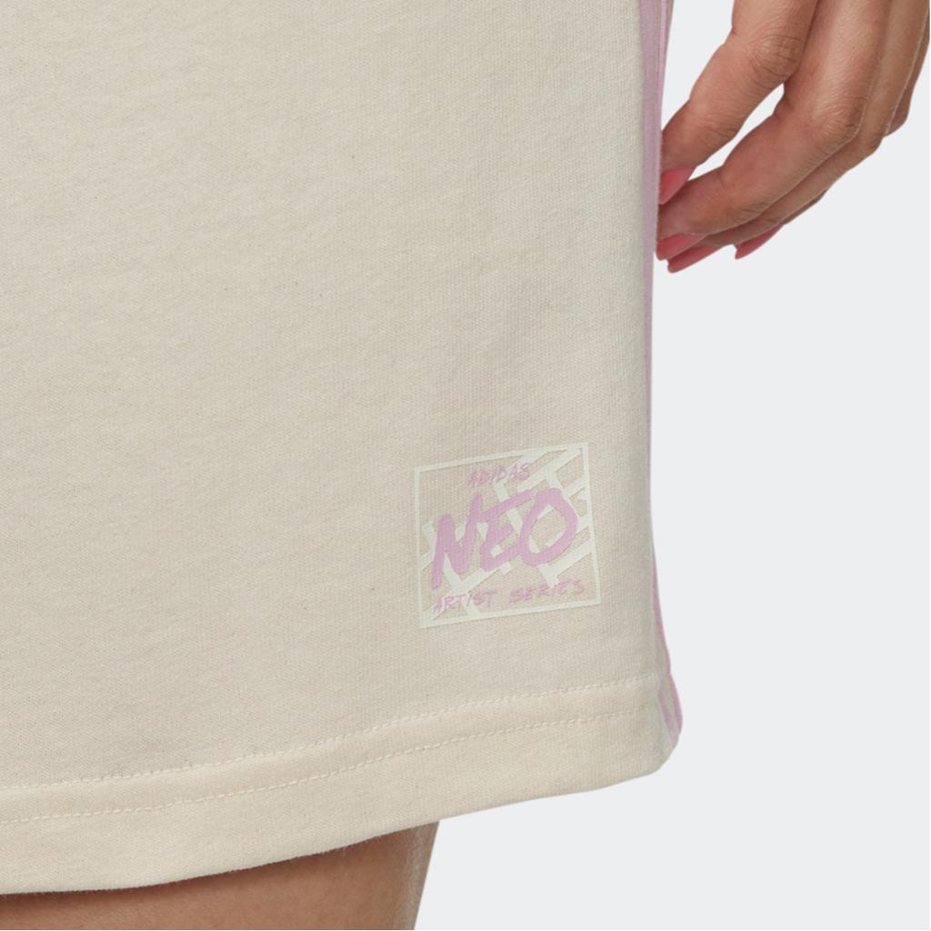 Adidas Neo Solid Color French Cartoon Pattern Printed Mid Waist Round Neck Short Sleeve Dress Women Dresses Beige HF7315