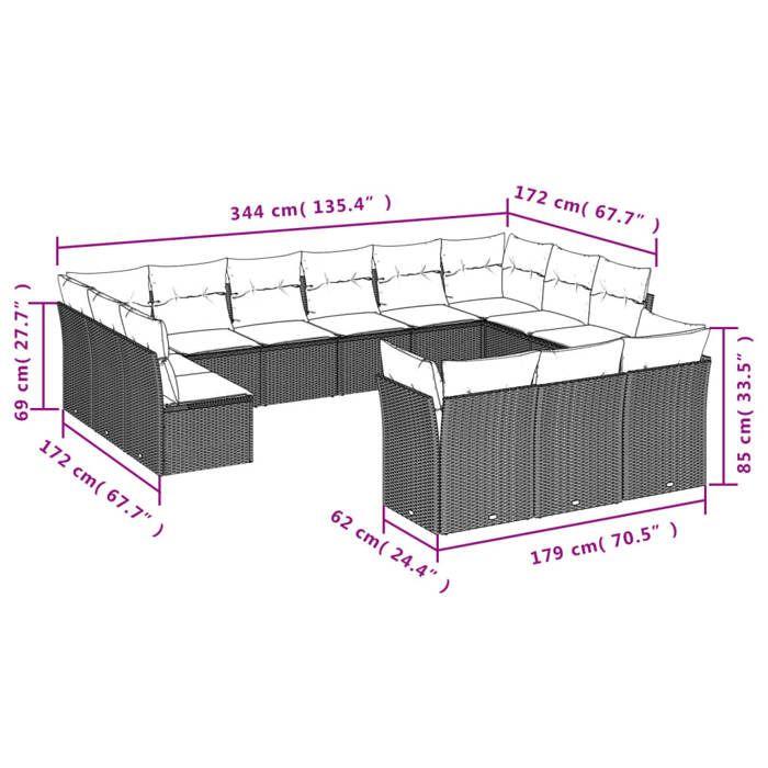 VidaXL Salon de Jardin avec Coussins 13 pcs, Canapés de Patio, Ensemble de Meubles, Mobilier de Terrasse Extérieur, Gris 3218451