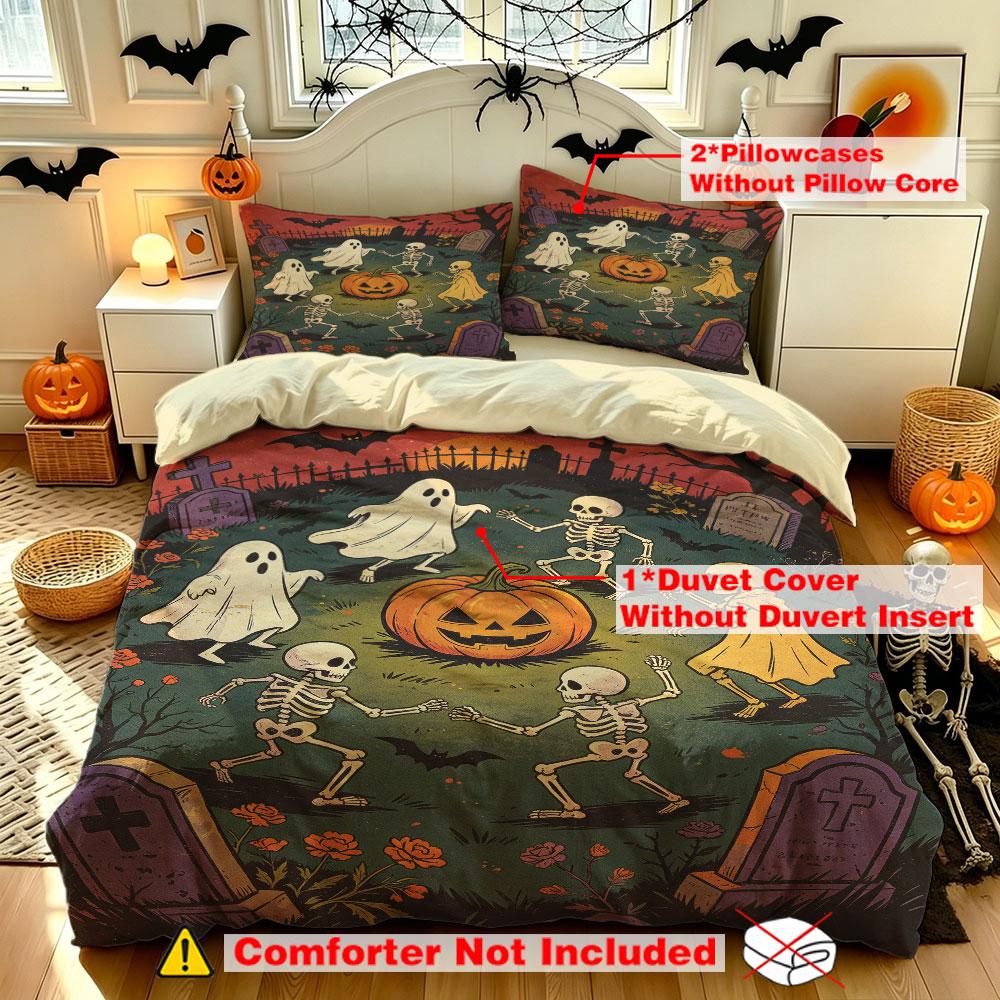 Halloween Duvet Cover Set 3Pcs Pumpkin Ghost Skeleton Graveyard Print Soft Microfiber Bedding with Pillowcases