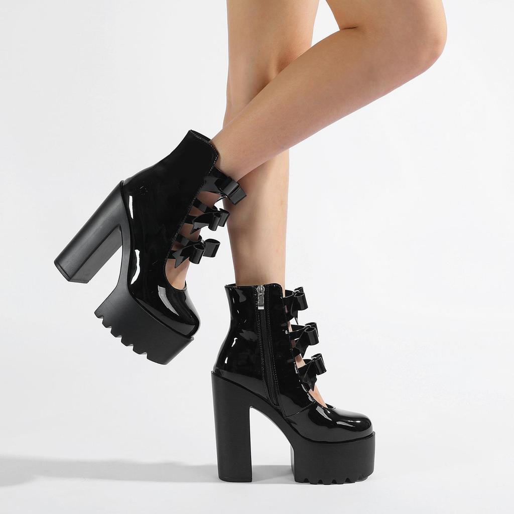 Gdgydh Sweet Mary Jane High Heels Bow Detail Chunky Platform Ultra High Heels Side Zipper Platform Shoes for Women Footwear