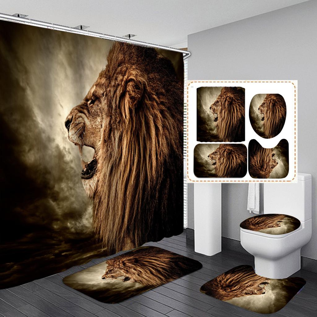 Seturi de perdele de duș din seria Lion 4 buc pentru baie Covoare de baie antiderapante Capac capac de toaletă Covoraș de baie