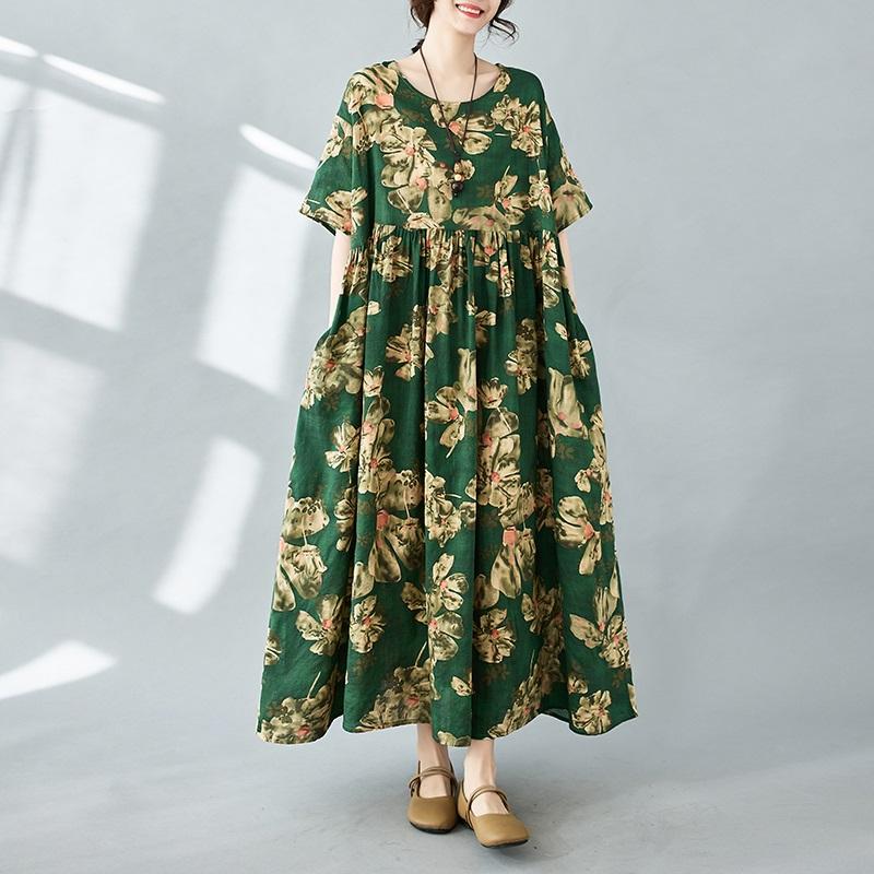 Short Sleeve Plus Size Cotton Vintage Floral New In Dresses for Women Casual Loose Long Summer