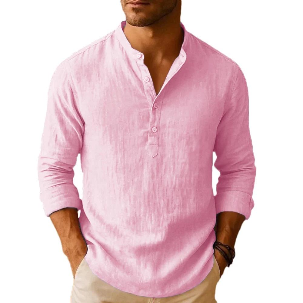 Lightweight Summer Linen Blend Henley Shirt for Men - Breathable Long Sleeve Casual Solid Color Button Tops