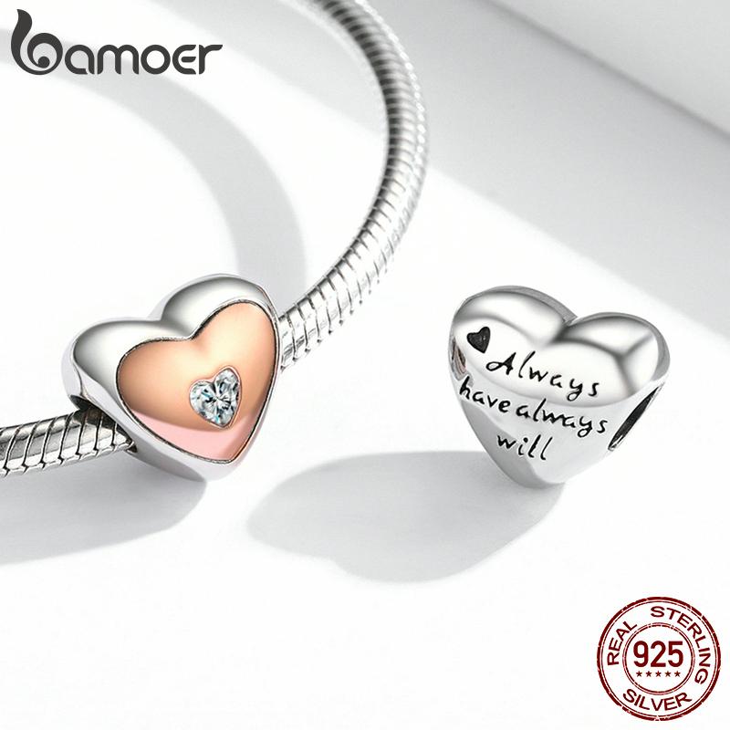 BAMOER 925 Sterling Silve Charm Two Color Heart Love Zircon Plated Rose Gold Fit Original Charms DIY Bracelets Bangles Jewelry