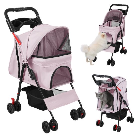 4 Wheels Pet Stroller, Foldable Cat And Dog Stroller with Mesh Windows, Cup Holder, Storage Basket, Breathable Pet Strolling Cart Holds Up To 22lbs