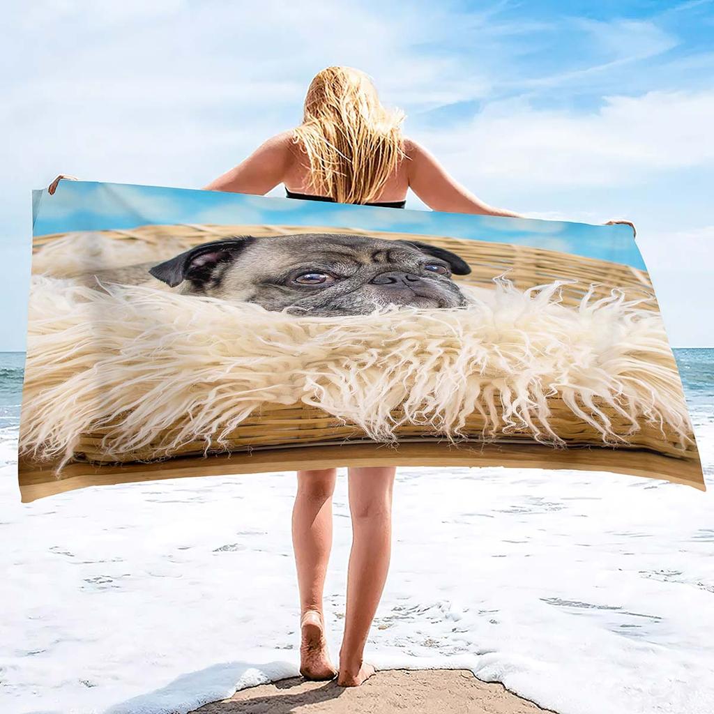 Microfiber Sand Free Beach Towel Thin Quick Fast Dry Super Absorbent Oversized Large Lightweight Towels for Beach Pool Pug Dog