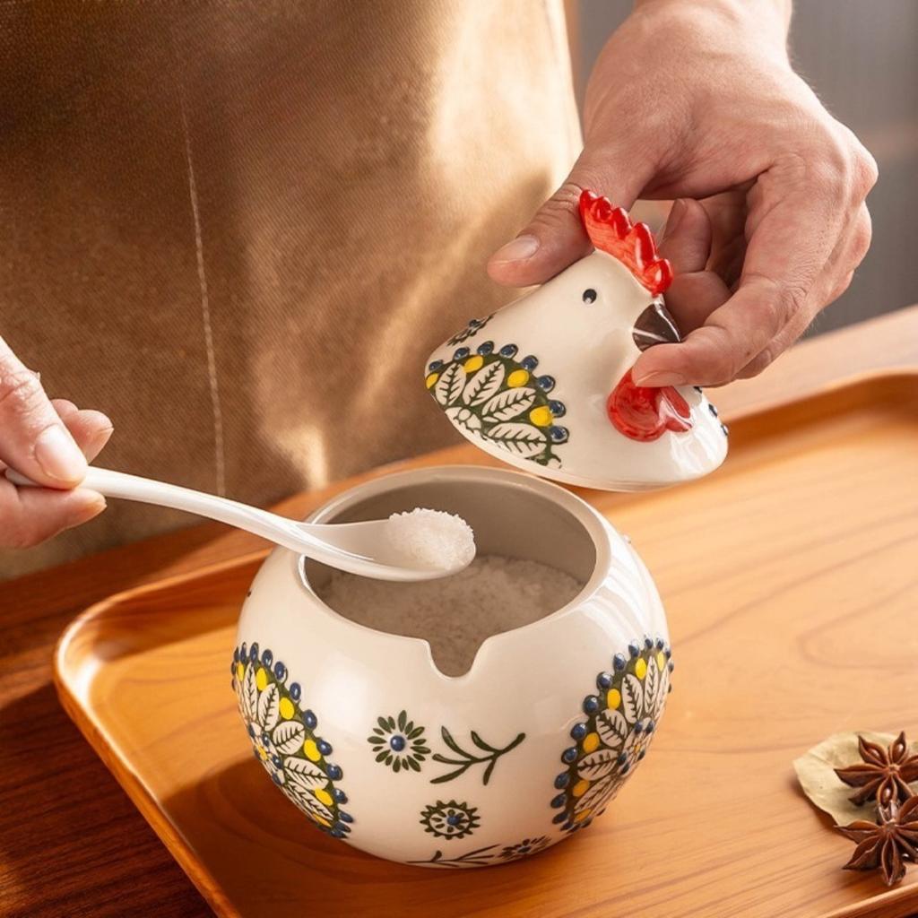 Roztomilá minimalistická kořenka na kuře Kreativní domácí keramická s víčkem lžičkou Podglazurová ručně malovaná Vlhkostivzdorná