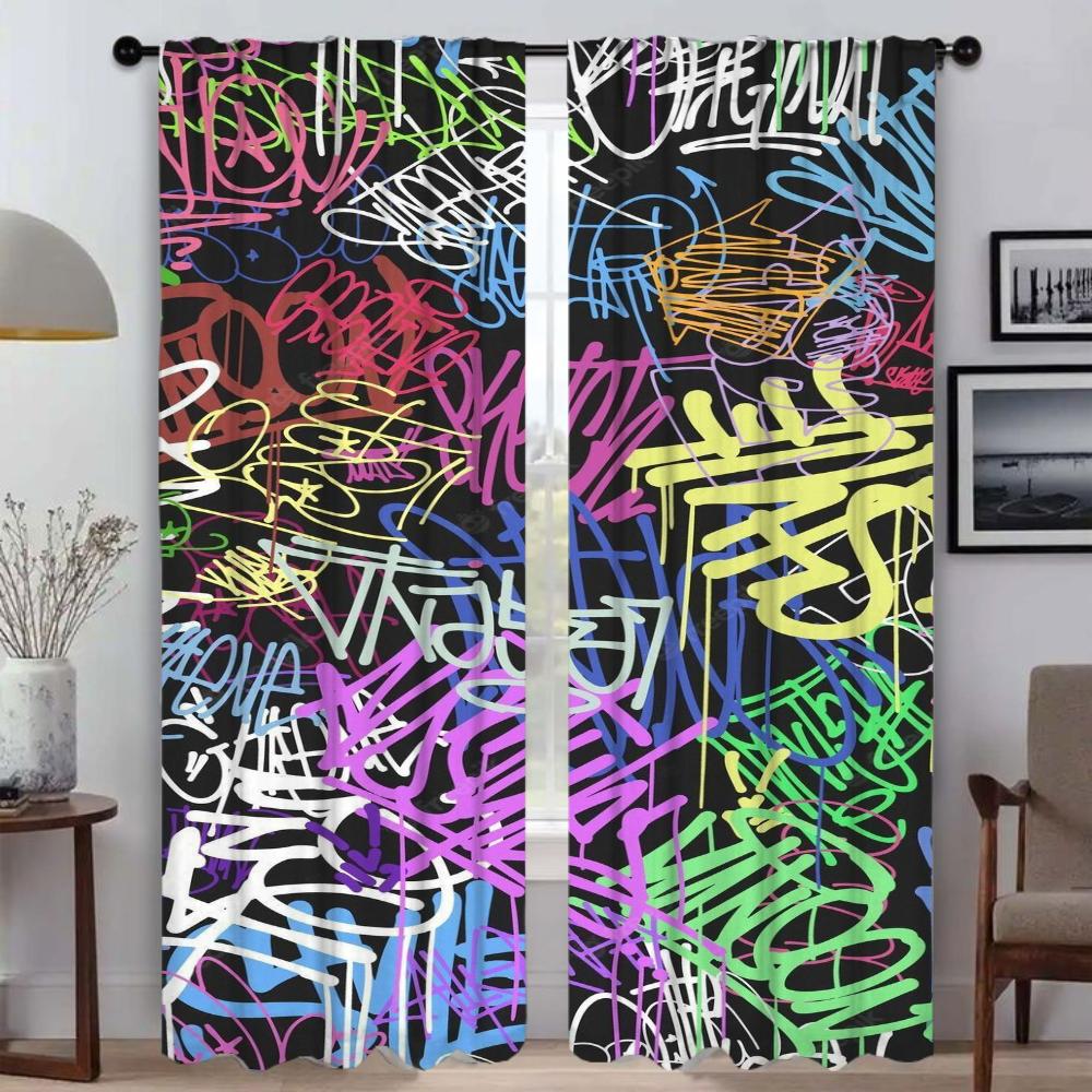 Kitchen Curtains for Living Room Curtain Colorful Pattern Shades Partition Halloween Decoration Home Interior Curtains 2 Pieces