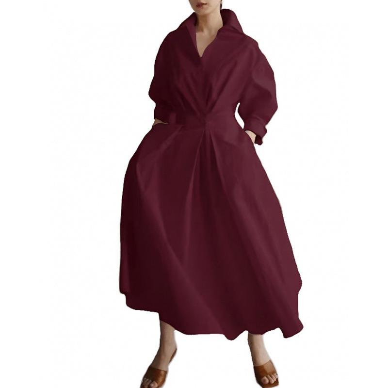 Women's Dress Commuter Fashion POLO Collar Lined with Long Sleeves Elastic Waist Swing Dress