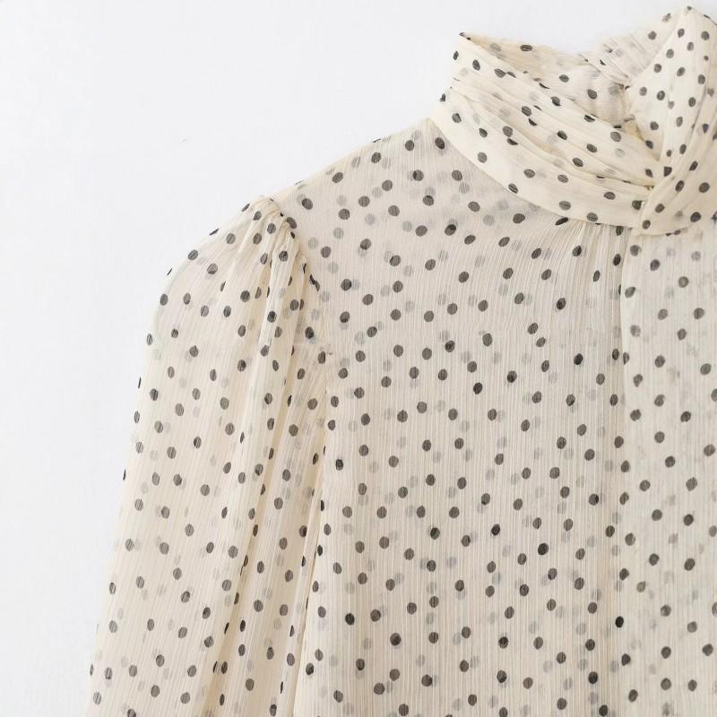 Womens 2026 Long Sleeve Shirt With Bow Detail Polka Dot Regular Fit Casual Blouse