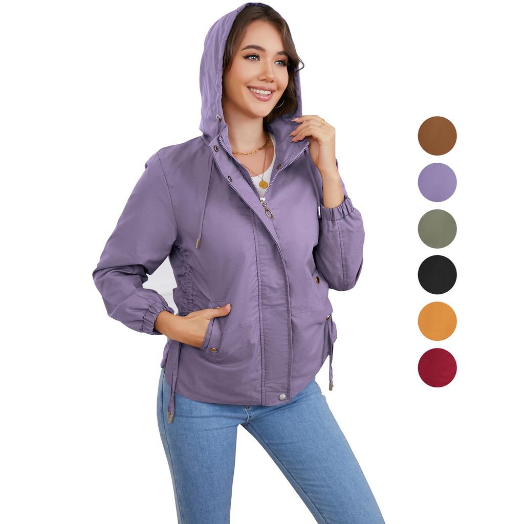 Damen Windjacke mit Kapuze und Reißverschluss, winddicht, einfarbig, lockerer Trenchcoat für Herbst und Winter, lässige Outdoor-Wanderbekleidung