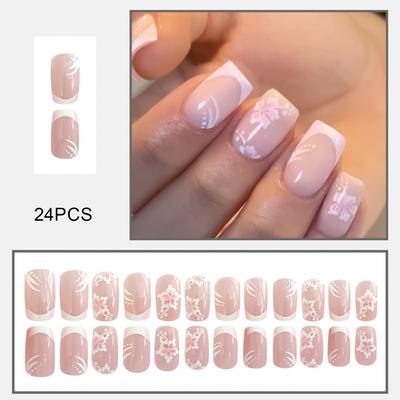 24pcs Pink Fake Nails Flower Printed Full Cover Square Artificial Nail Tips Press On Nails Manicure Nail Tips Wearable Fake Nail