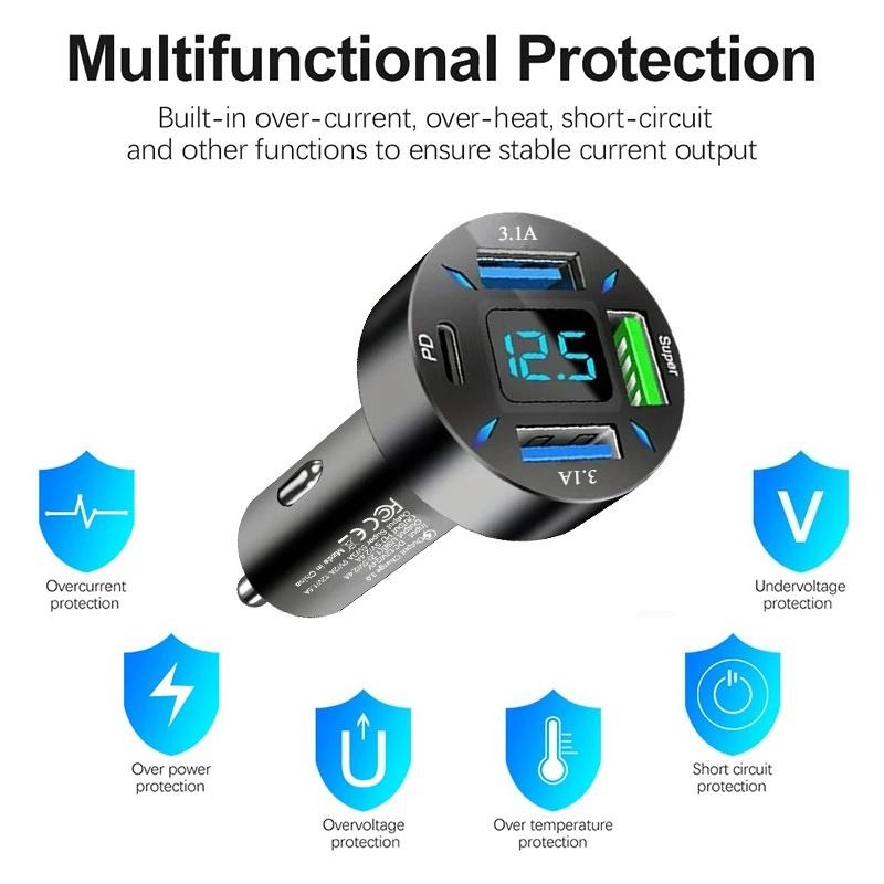 Smart 4 Port Car Charger - PD USB C Fast Charge with Digital Screen Blue Light
