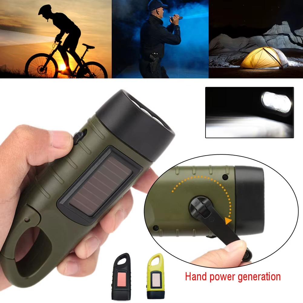 Solar Hand Crank Flashlight Rechargeable LED Emergency Light Outdoor Camping Power Supply Torch for Hiking Survival and Disaster Use