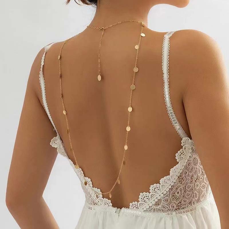 Fashion Metal Sequin Round Pendant Back Chain Necklace For Women Simple Long Tassel Sexy Body Chain Jewelry Accessories
