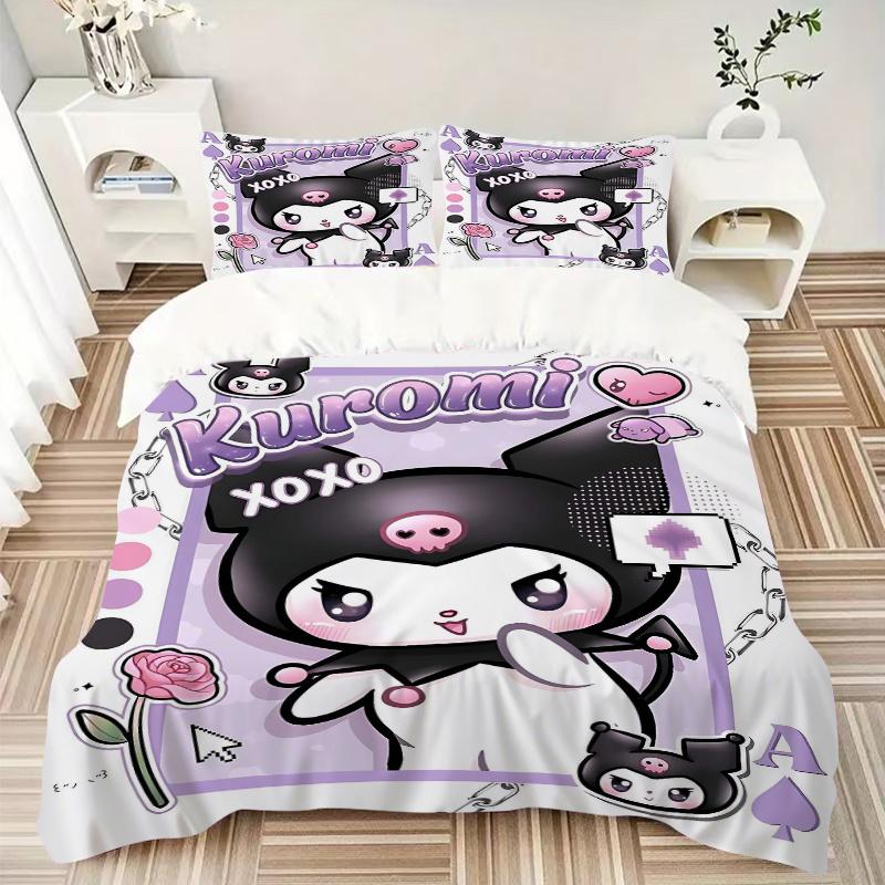 3pcs Kuromi's Sweet Kisses Quilt Set Cartoon Themed Bed Quilt Set Lovely Character Bedroom Decor Bed Quilt Set Four Seasons (1 Cover + 2Pillowcas