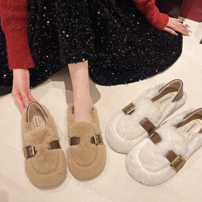 Fashion Soft Soled Elegant Casual Flat Plush Shoes Women's 2025 New Autumn Comfortable Shallow Mouth Slip on Fashion Cotton Single Shoes
