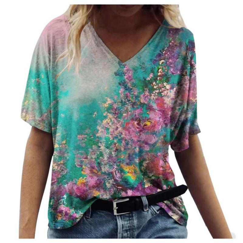 Women's T-shirts Summer Gradient Graphics Tops V-Neck Fashion Female Vintage Clothing Floral Print Tees Loose Oversized T-Shirts