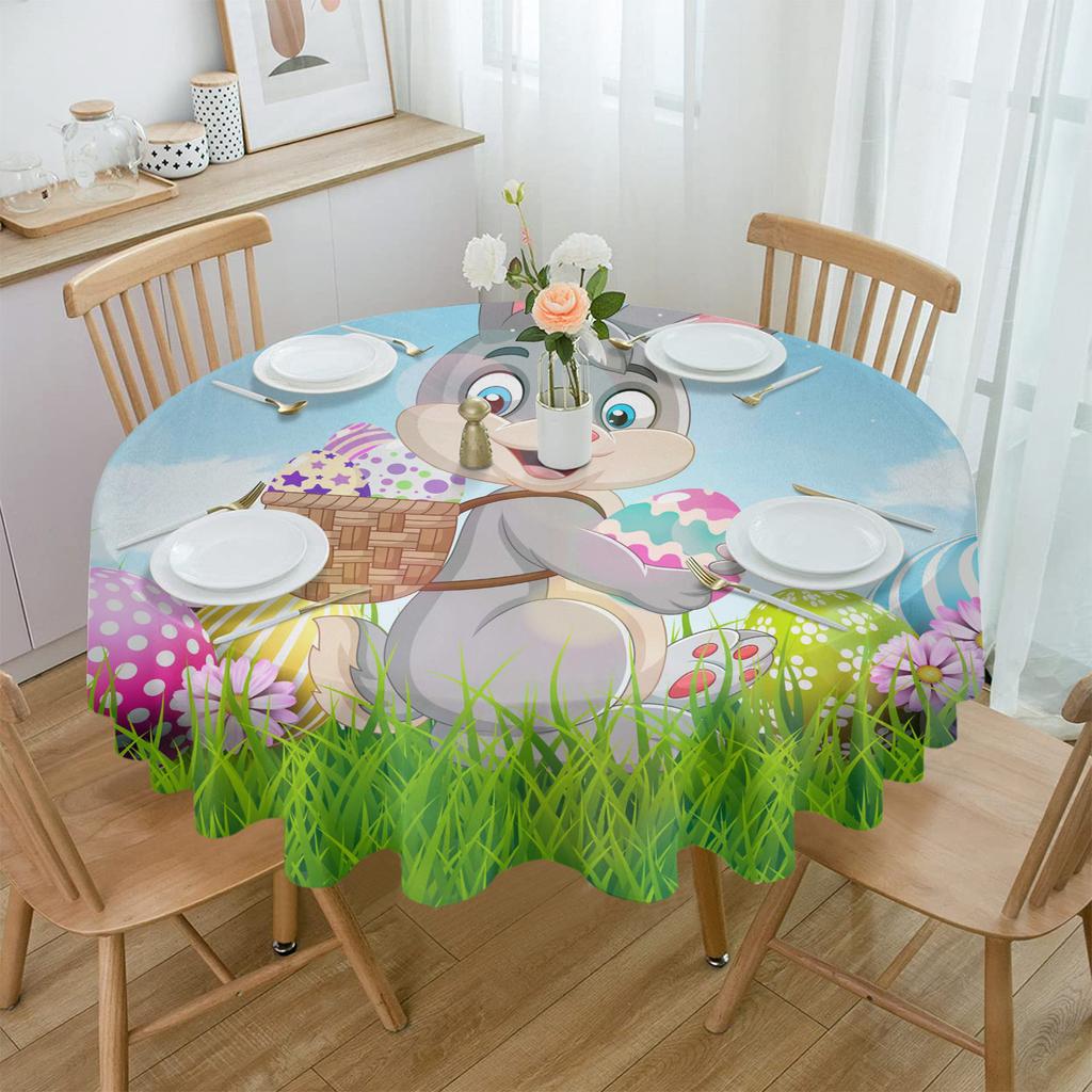 Easter Bunny Eggs Sky Meadow Round Table Cloth Waterproof Dining Table Cover For Wedding Party Decor