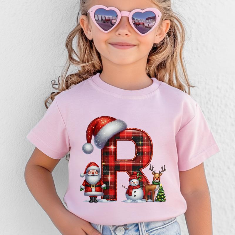 Personalized Kids Christmas T-shirt with A-Z Alphabet Print, Santa Hat Design for Boys & Girls