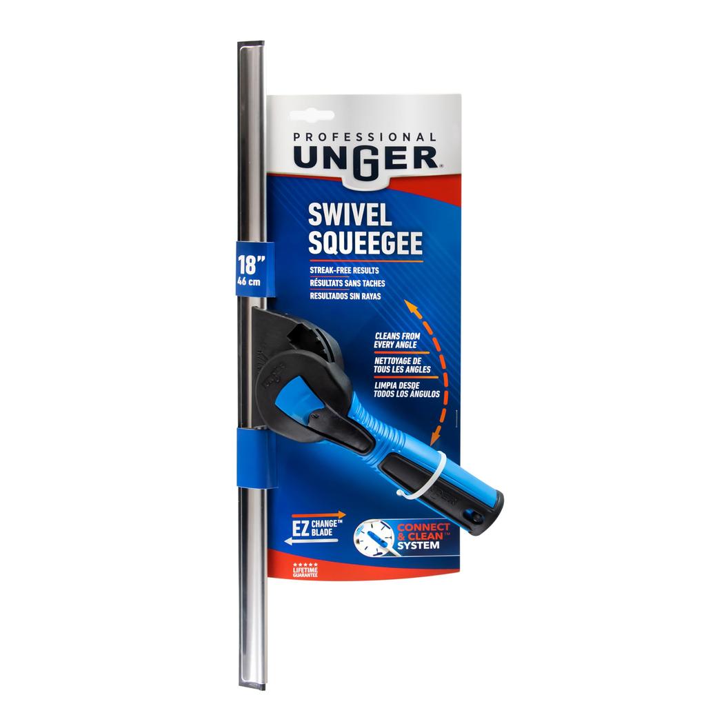 Unger Professional Connect and Clean Svingbar Vindus- og Glassrengjøringsskrape med Lett Stort Svingbart Hode for Hjørner og Erstatningsgummi 18"