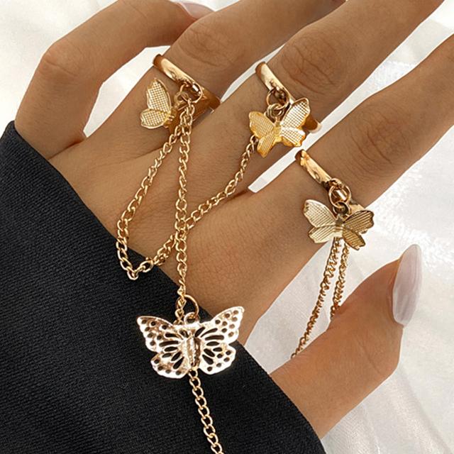 Mote Sølvfarge Diamant Butterfly Chain Ring For Kvinner Menn Rosa Hjerte Nøkkellås Dusk Finger Ringer Sett Trendy Smykker Gave