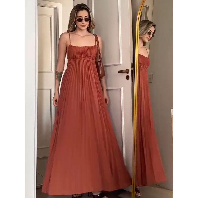 In Stock 2025 Summer New Arrival Europe and America Cross Border Suspender Skirt Women's Clothing Sexy Silm Elegant Pleated Dress Women's