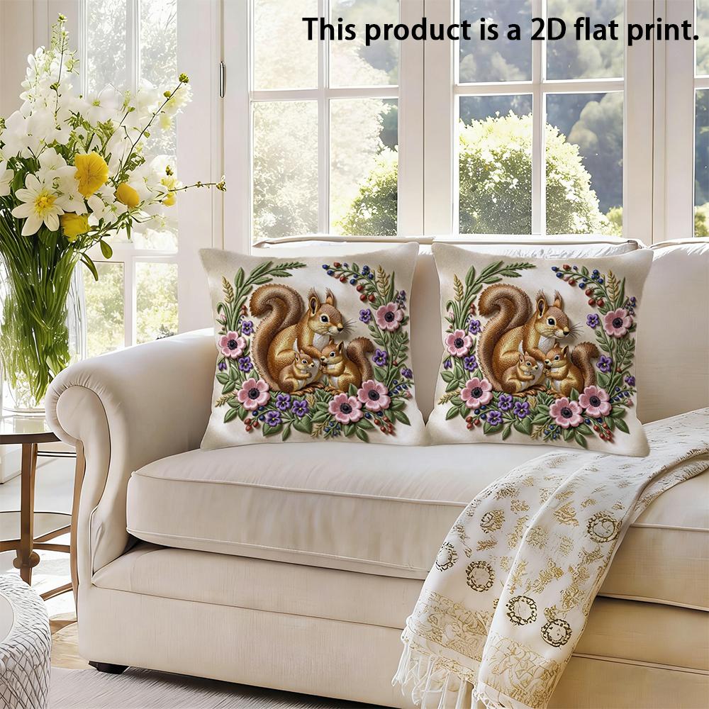 2pcs Vintage Squirrel Family Floral Throw Pillow Covers,Soft Decorative Square Cushion Cases for Sofa Bedroom Living Room