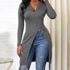 Women's Solid Color Long Sleeve Zip V Neck High Slit Long Ribbed Shirt