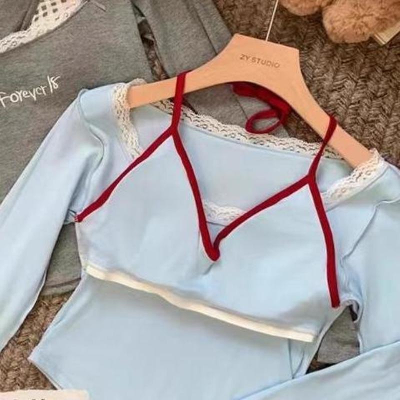 Design Girls Cute T-shirts Long Sleeve Lace Sling Square Collars Women's Tees Sexy Fashion Tops For Lady