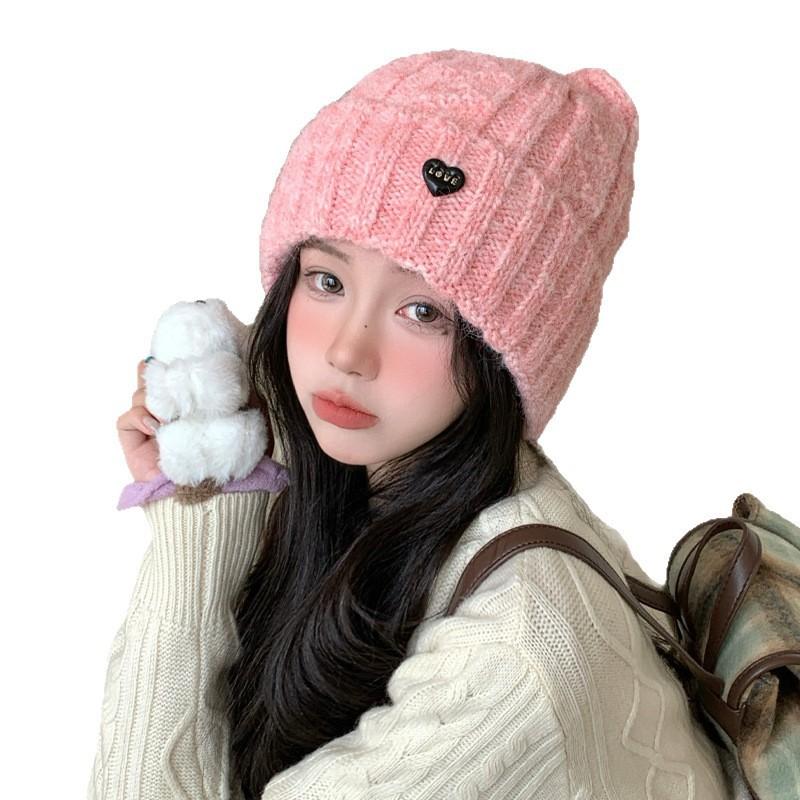Japanese Cat Ears Sweet and Cute Baotou Hat Autumn and Winter Hat Women's Big Head Circumference Shows Face Small Versatile Knitted Woolen Hat