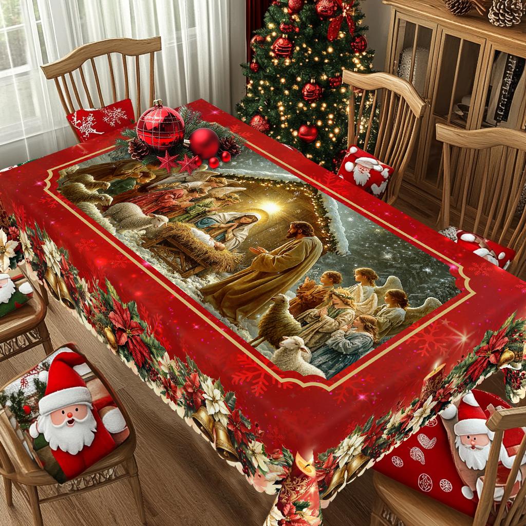 Kerst Vintage Boerderij Tafelkleed met Kerstman, rendieren & Kerstboom prints. Rechthoekige & ronde maten voor Kerst/Nieuwjaarsfeesten, keuken, binnen & Round (180)Cm