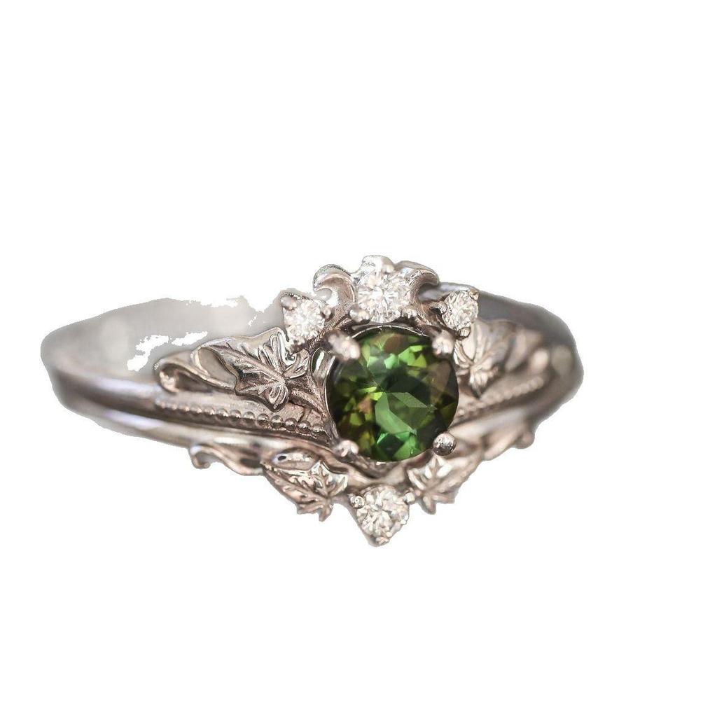 Elegant Floral Ring: Silver Crown with Green Zircon Branch Design for Couples