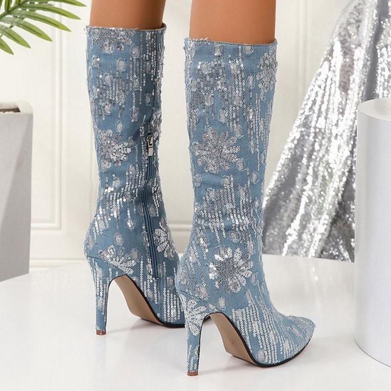 Damen Glitzer Denim Hoher Dünner Absatz Lange Stiefel Dame Büro Nachtclub Einzelstiefel Damen Seitenreißverschluss Mid-calf Mode Stiefel Botas