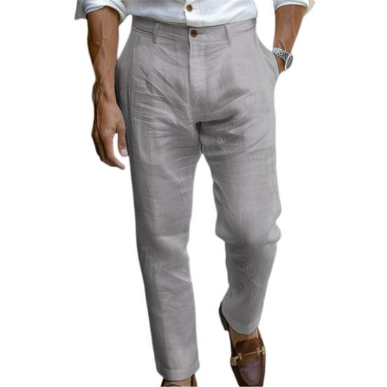 Men Linen Casual Pants Plain Color Dress Pants with Trousers Breathable Regular Fit Belt Loop