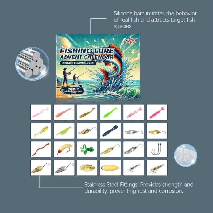 Seasonal Fishing Lure Advents Calendar Christmas Countdowns Fishing Tackle Box with 24 Assorted Baits for Celebration