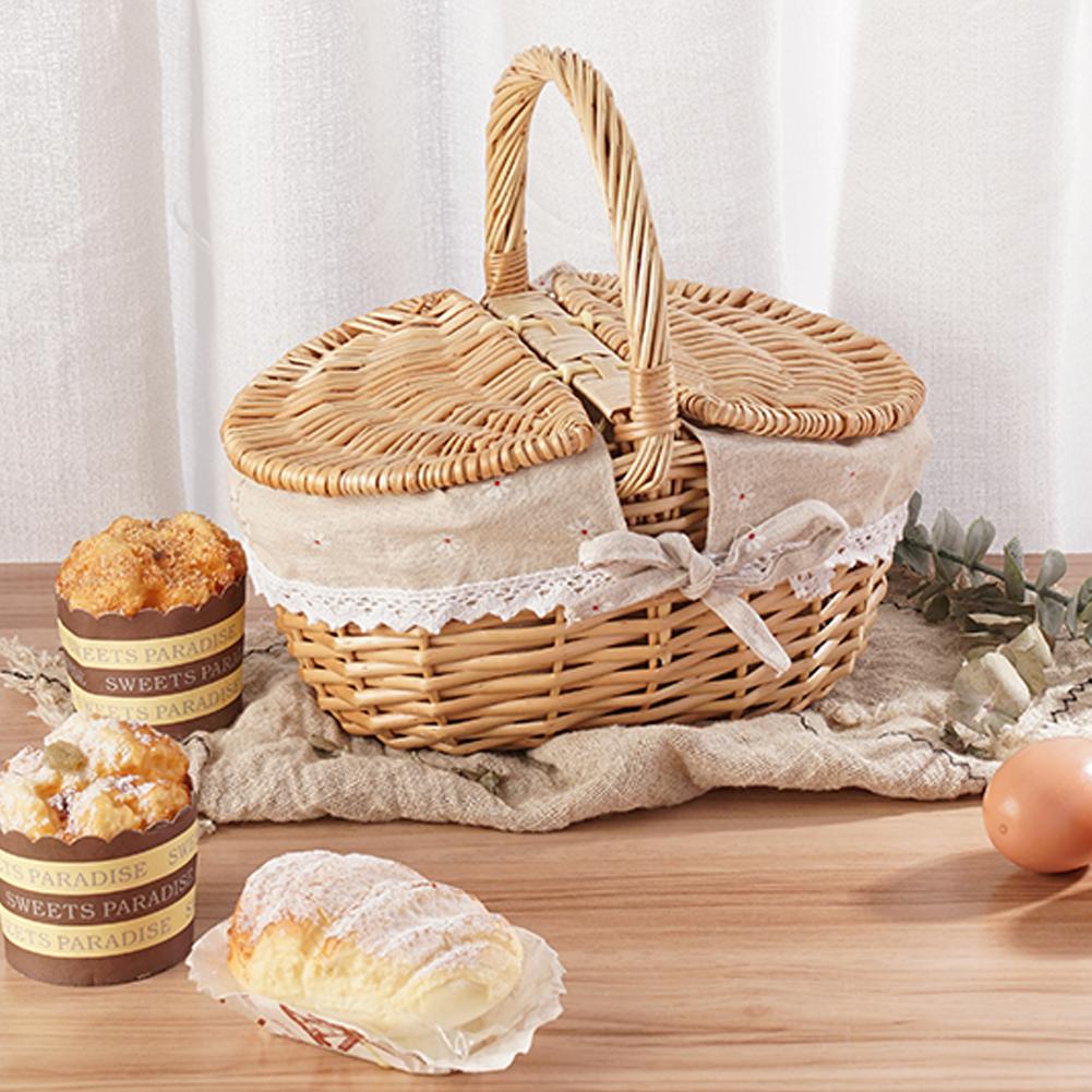 Wicker Picnic Basket With Lid Handle Picnic Hamper Handmade Willow Woven Storage Hamper Outdoor Camping Fruit Basket Container