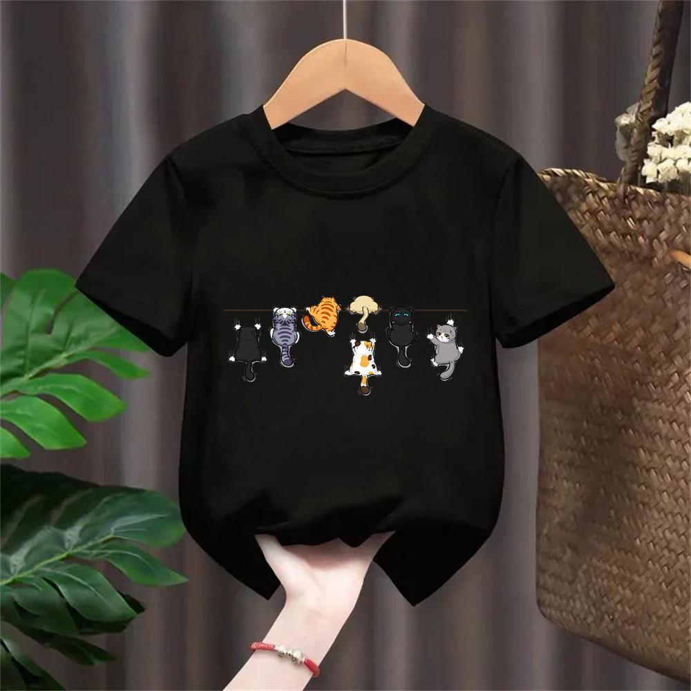 Kletternde Katze Muster Trendiges Design Druck T-Shirts Kurzarm Kinder Kinder T-Shirt Jungen Mädchen Sommer Frühling Lässiges Oberteil Tee