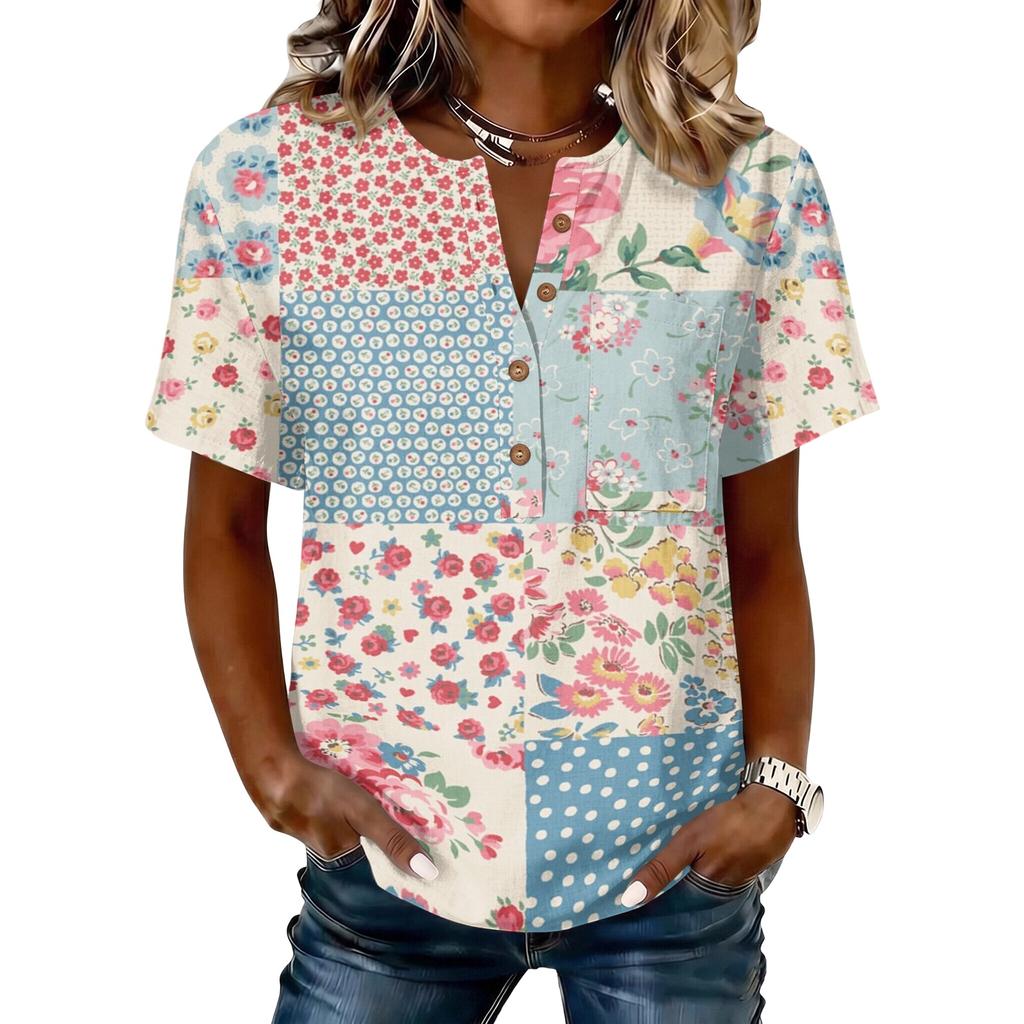 Women’s Vintage Floral Print Short Sleeve Cotton Linen Henley Button Front Shirt Casual Loose Fit Blouse Top for Summer