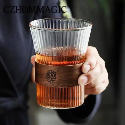 1 adet 300ml Cam Kahve Kupası Ceviz Ağacı Fincan Ahşap Kılıflı Japon Tarzı Çizgili Cam Bardak İçecek Bardağı Hediyeler Çay Bira Latte Kupaları