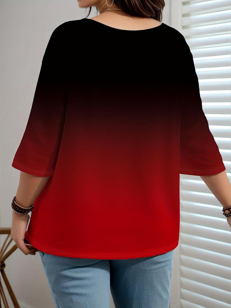 2025 Women's Printed Gradient Three-Quarter Sleeve Casual Top - European, American, Japanese, Korean Fashion Styles