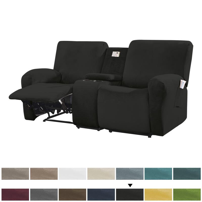 

Solid Color Velvet Reclining Loveseat Slipcover with Middle Console Stretch 2 Seat Reclining Sofa Covers Furniture Protector чорний