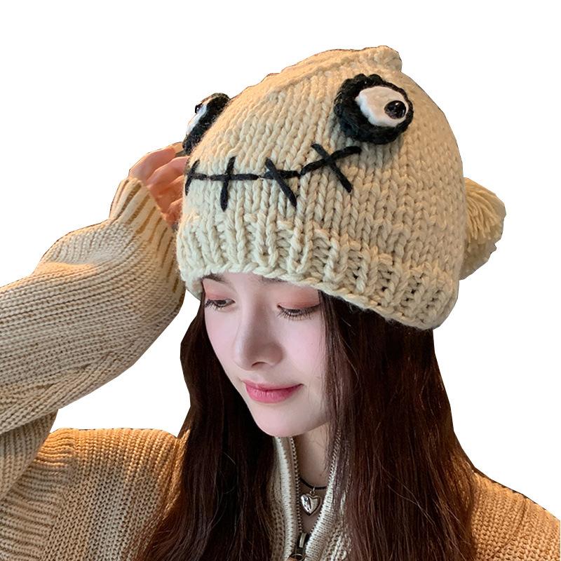 Cute funny ball wool hat women's autumn and winter warm ear protection handmade knitted hat pullover hat