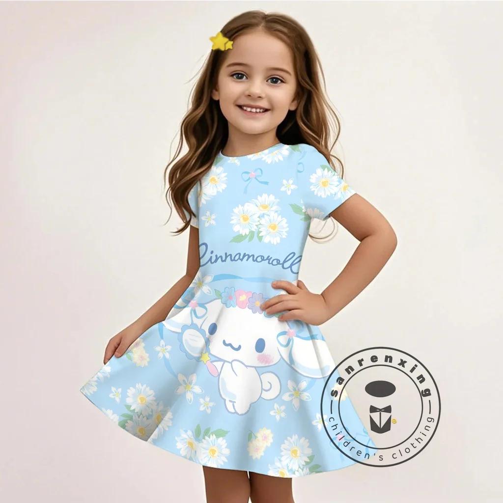 Sanrio Синнаморолл 3D-печать Платье Девочки Лето Новое платье принцессы Повседневное Горячая Распродажа Стильная Домашняя Одежда Платья 100