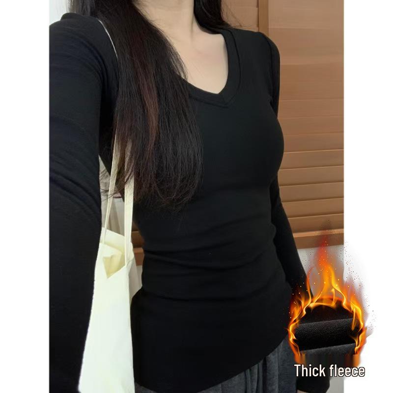 

Women s Black V-Neck Long Sleeve Velvet Slimming Top - Autumn/Winter Korean Style Fashion XL